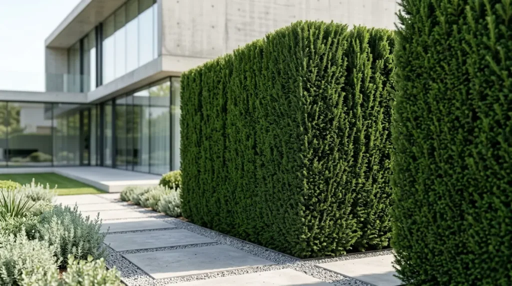 Plano panorámico de una villa de arquitectura minimalista, enmarcada por un monumental seto perenne de coníferas que demuestra un diseño cuidado y calidad espacial.
