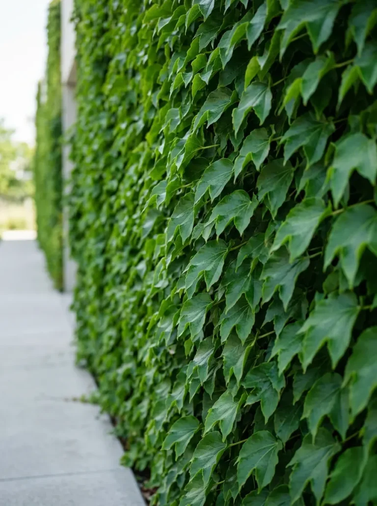 Detalle arquitectónico de un muro revestido con hojas verdes vibrantes, ilustrando el confort térmico y el estándar profesional en la sombra.