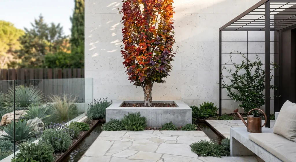 Ejemplar de Parrotia persica 'Persian Spire' de 4 metros con cruz a 1,80 m, mostrando su integración paisajística bajo un estándar profesional.