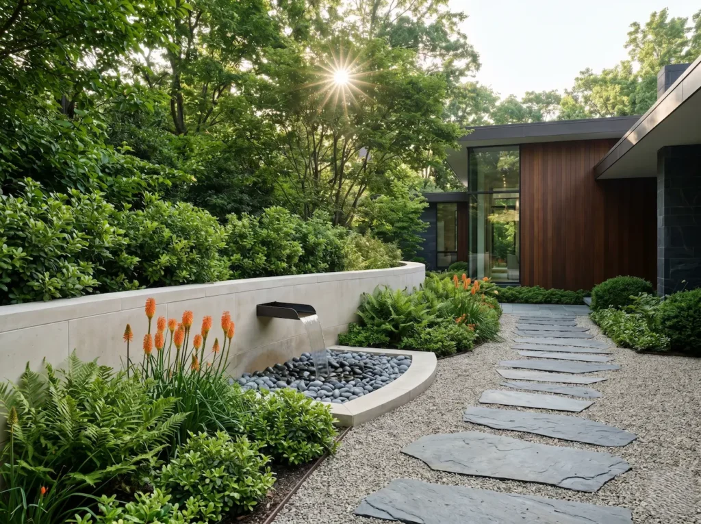 Transición de nivel en el jardín mediante una escalinata de piedra natural rodeada de macizos de rosas blancas y agapantos para una integración paisajística de excelencia