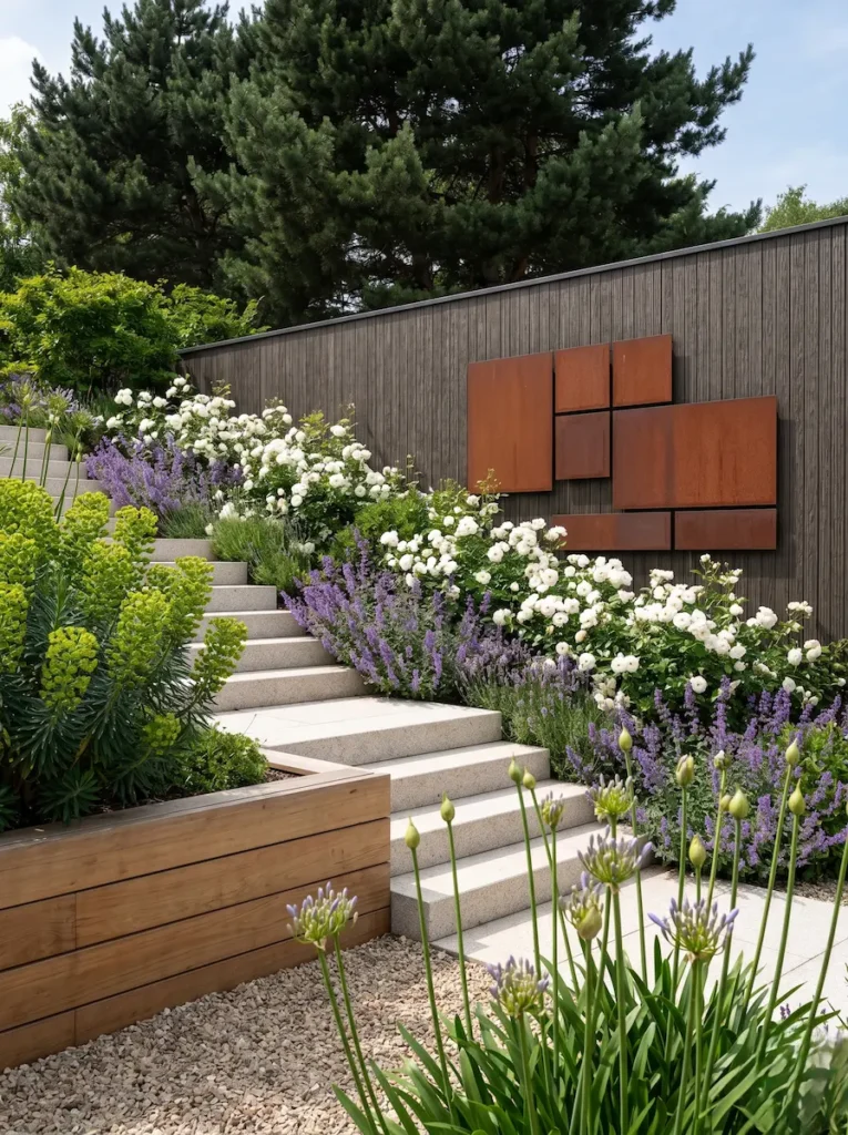 Escaleras exteriores de piedra caliza clara con peldaños geométricos junto a un cerramiento de madera y paneles decorativos de acero corten con pátina natural