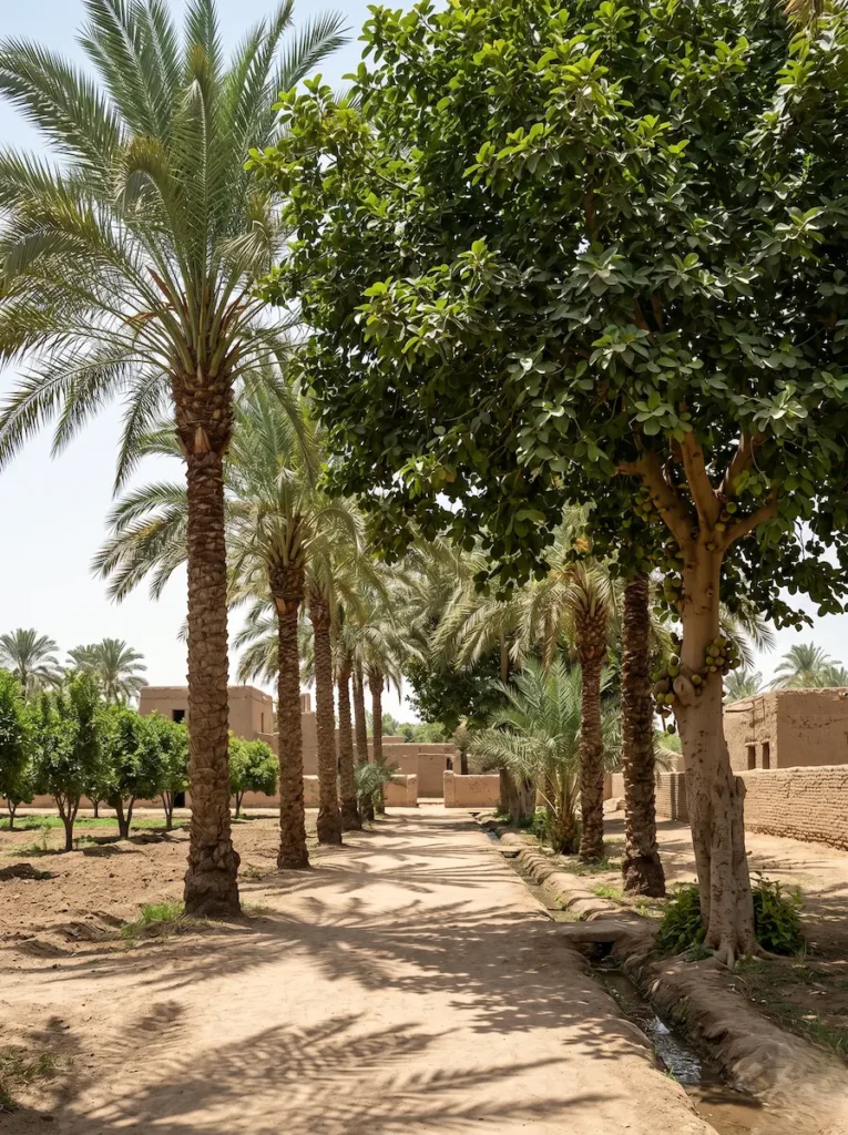 Paseo ajardinado estructurado bajo la escenografía lumínica y la sombra arquitectónica de palmeras datileras (Phoenix dactylifera) y sicomoros (Ficus sycomorus), que exhiben una fortaleza y adaptabilidad impecables frente al clima.