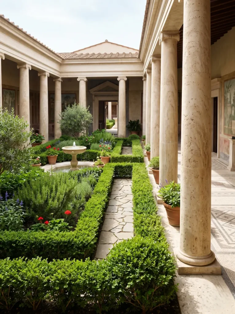 Fotografía arquitectónica del patio interior de una domus romana, donde una columnata de piedra con una pátina inmaculada enmarca una composición vegetal que demuestra una perfecta integración paisajística.