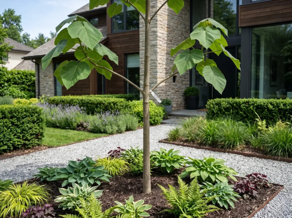 Ejemplar de Paulownia tomentosa de 4 metros con cruz a 1,80 m, mostrando su integración paisajística bajo un estándar profesional.