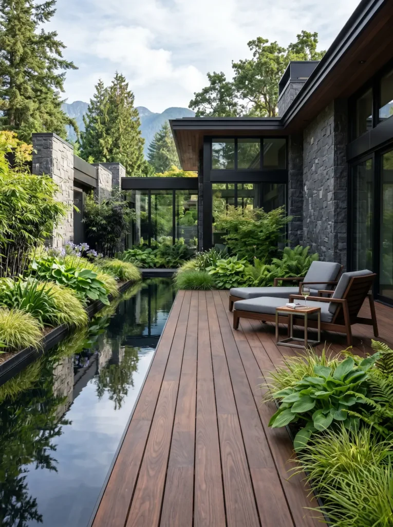 Diseño exterior de excelencia con tarima de madera tropical oscura junto a un canal de agua reflectante y detalles en basalto