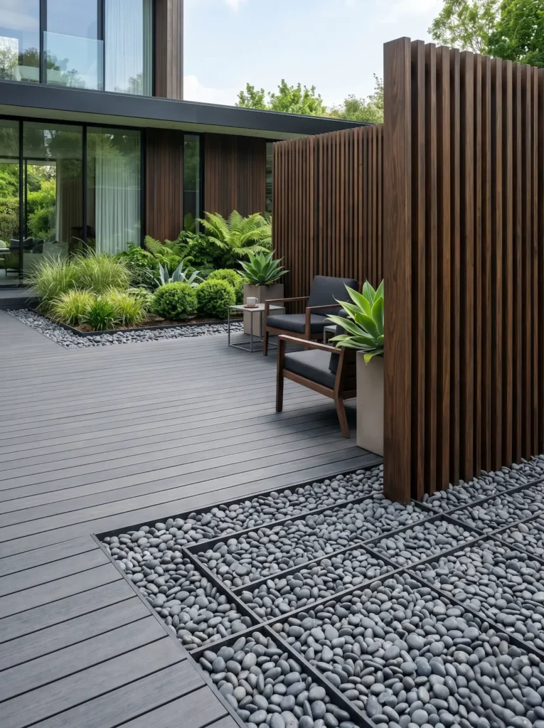 Pavimento de composite tecnológico en color antracita con líneas limpias celosías de madera termotratada y cantos rodados oscuros