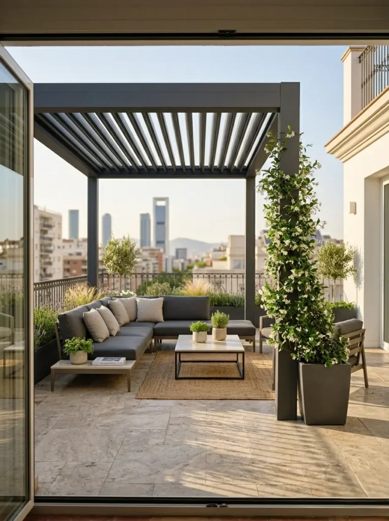 Pérgola bioclimática proyectando una escenografía lumínica perfecta sobre una zona de descanso, creando un nexo vegetal con trepadoras.