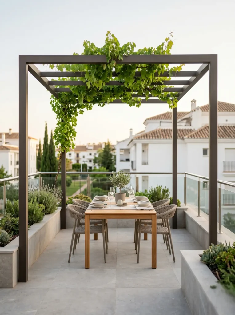 Pérgola moderna y sencilla cubierta por una enredadera, proyectando sombra fresca sobre un área de comedor exterior.
