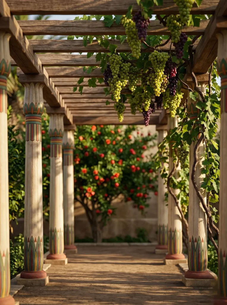 Primer plano de una pérgola histórica cubierta por exuberantes vides (Vitis vinifera) junto a la vibrante floración de un granado (Punica granatum), mostrando la excelencia productiva y la transición orgánica del recinto.