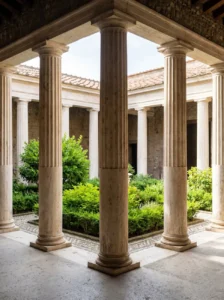 Fotografía arquitectónica del patio interior de una domus romana, donde una columnata de piedra con una pátina inmaculada enmarca una composición vegetal que demuestra una perfecta integración paisajística.