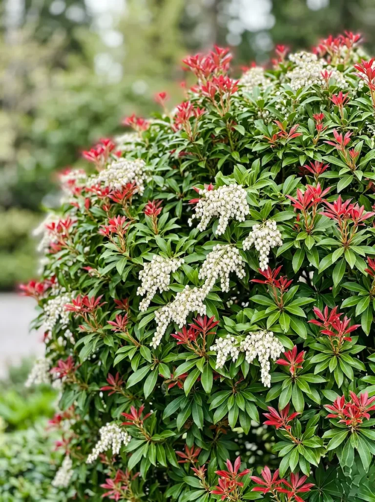Detalle botánico en plano medio de los racimos florales en forma de campana y el follaje denso y rojizo de una Pieris japonica viva, sin ramas peladas, en un entorno de sotobosque desenfocado.
