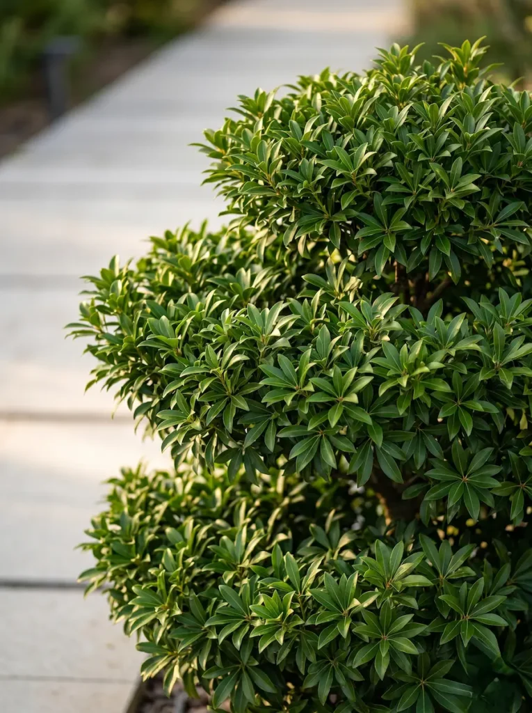 Plano medio de la estructura vegetal natural y estratificada de una Pieris japonica madura, evidenciando un follaje verde brillante muy denso y un fondo difuminado de pavimento contemporáneo.
