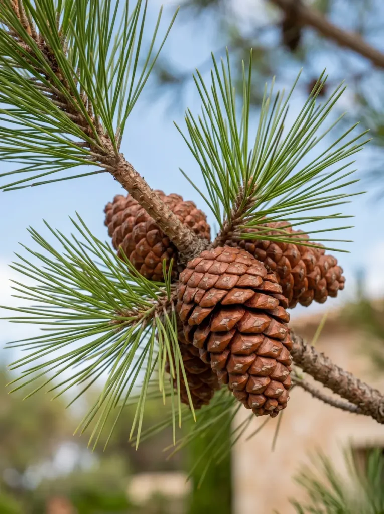 Detalle de las acículas y piñas del Pino piñonero (Pinus pinea), un estándar profesional de vigor botánico.