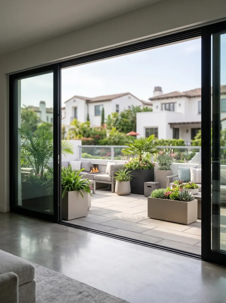 Transición limpia entre el salón y la terraza, destacando jardineras de polímeros que imitan texturas naturales.