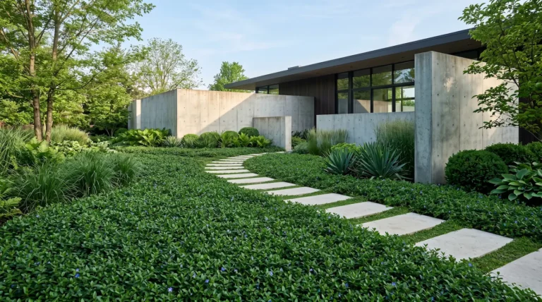Jardín contemporáneo utilizando Vinca minor como alternativa al césped, con pasos de piedra limpia y diseño minimalista.