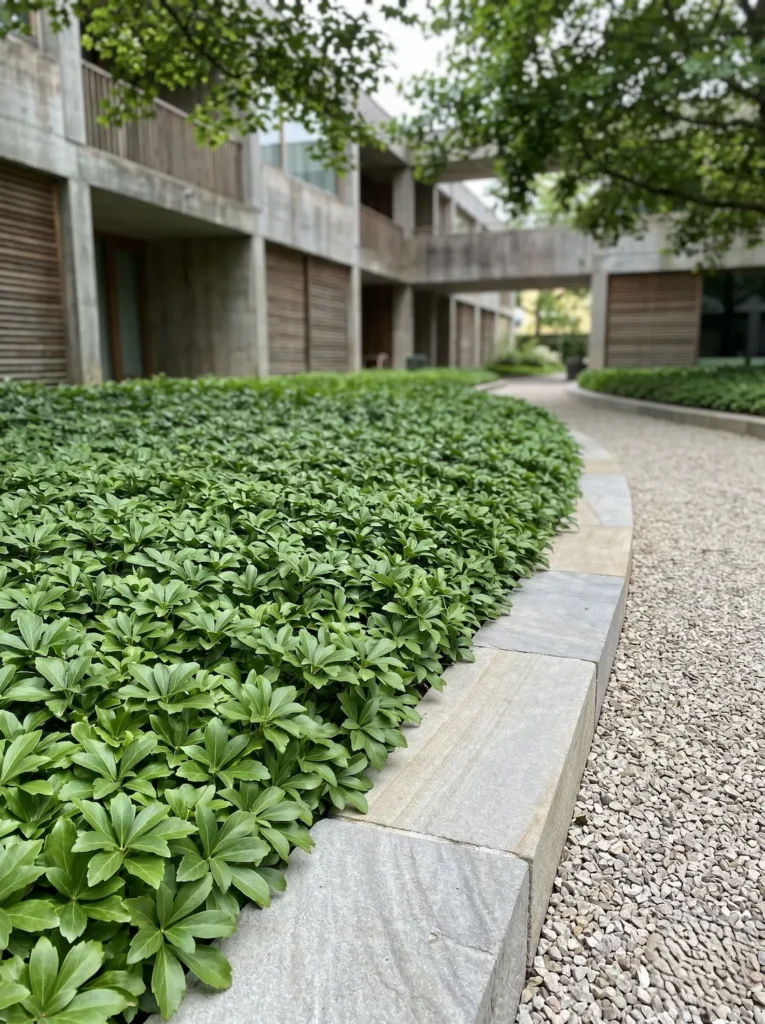 plantas tapizantes 2 jardinesconestiloblog Detalle de Pachysandra terminalis formando un manto verde junto a un bordillo de piedra aserrada
