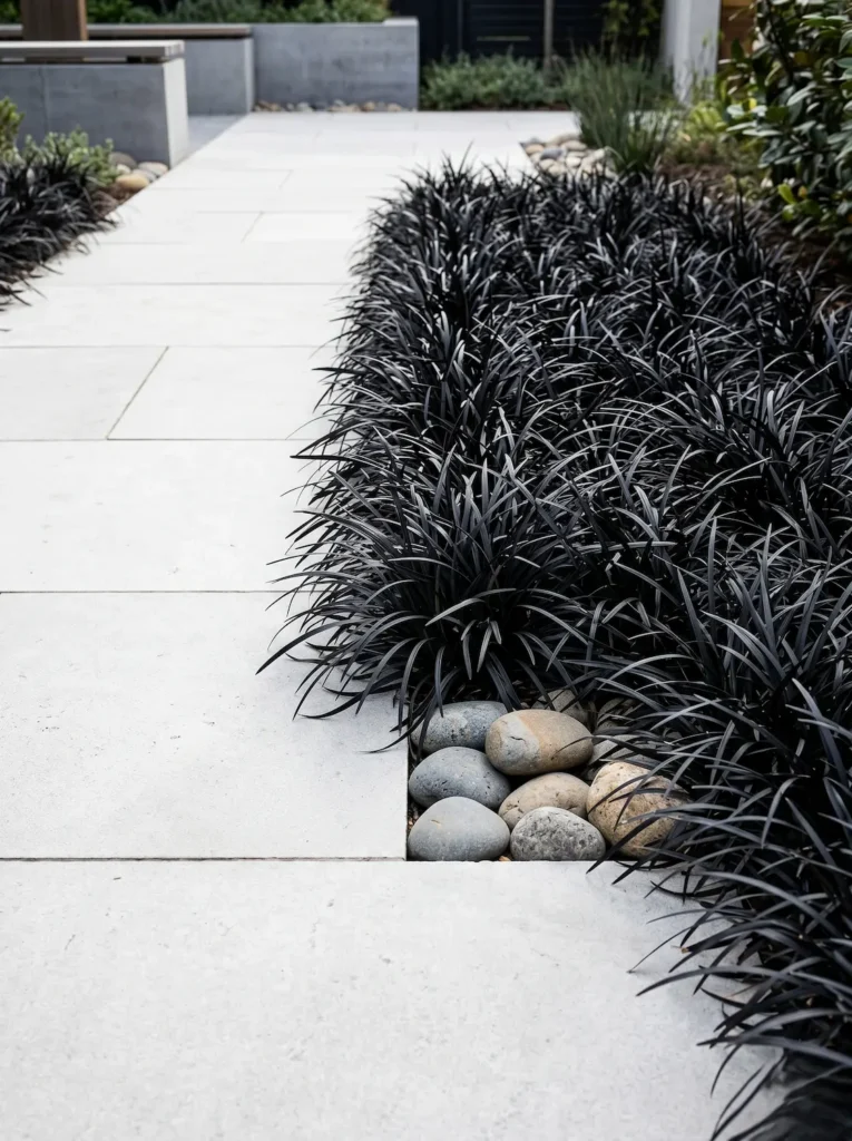plantas tapizantes 3 jardinesconestiloblog Contraste paisajístico entre el follaje negro del Ophiopogon y el pavimento de piedra caliza clara