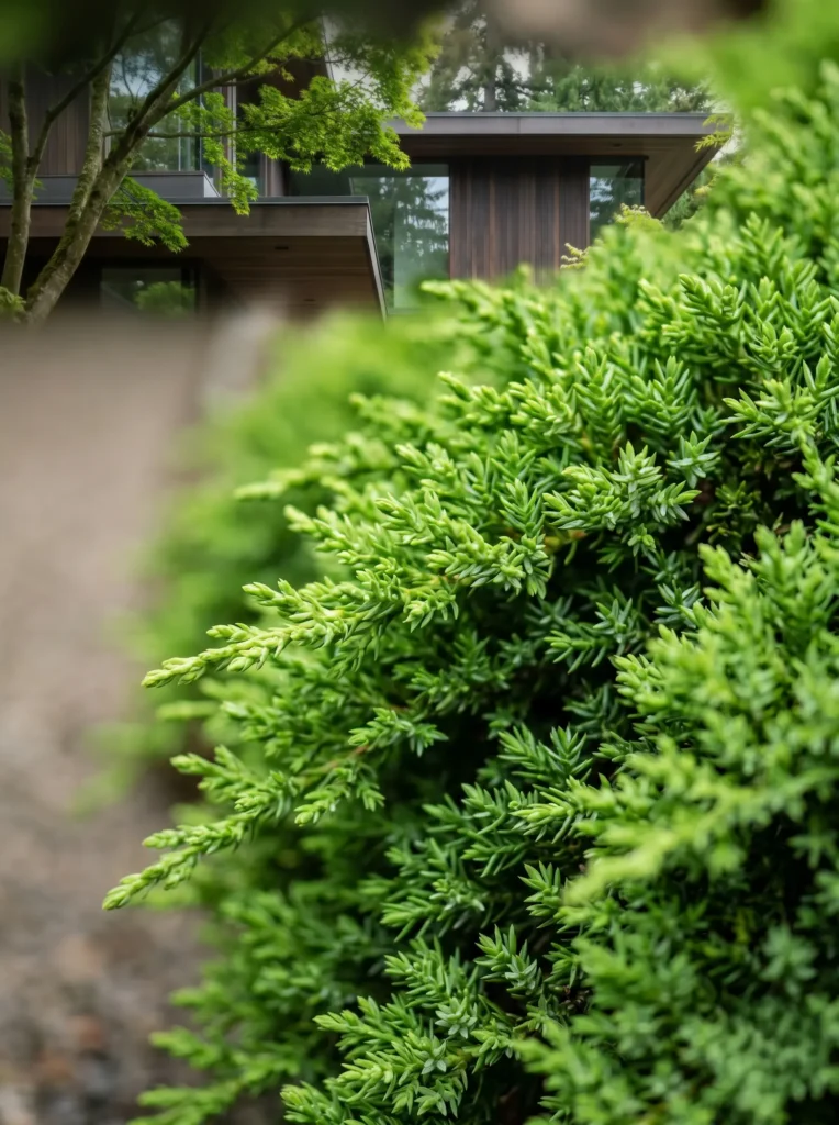 Detalle de las acículas rastreras del Juniperus procumbens 'Nana', un estándar profesional de vigor botánico.