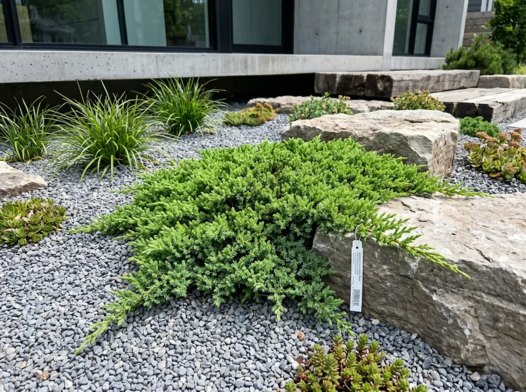 Ejemplar de Juniperus procumbens 'Nana' de porte rastrero, mostrando su integración paisajística bajo un estándar profesional.