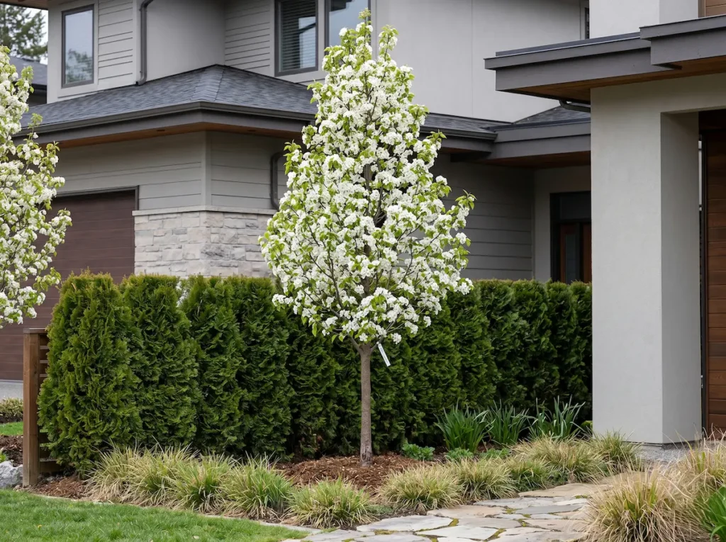 Ejemplar de Pyrus calleryana 'Chanticleer' de 4 metros con cruz a 1,80 m, mostrando su integración paisajística bajo un estándar profesional.