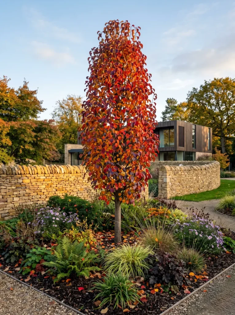 Pyrus calleryana Chanticleer exhibiendo su follaje rojo y escarlata en otoño frente a un muro de mampostería de piedra natural