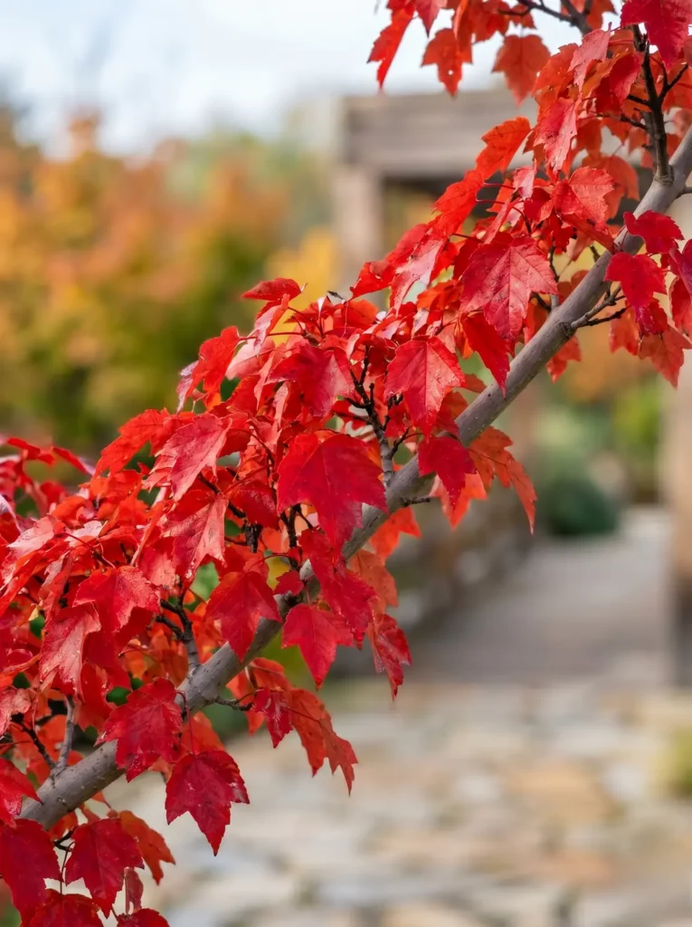 Detalle botánico en plano medio del espeso follaje otoñal carmesí de un Acer rubrum 'Redpointe', integrado en la estructura de un árbol maduro sin ramas desnudas a la vista, con un fondo de jardín difuminado.