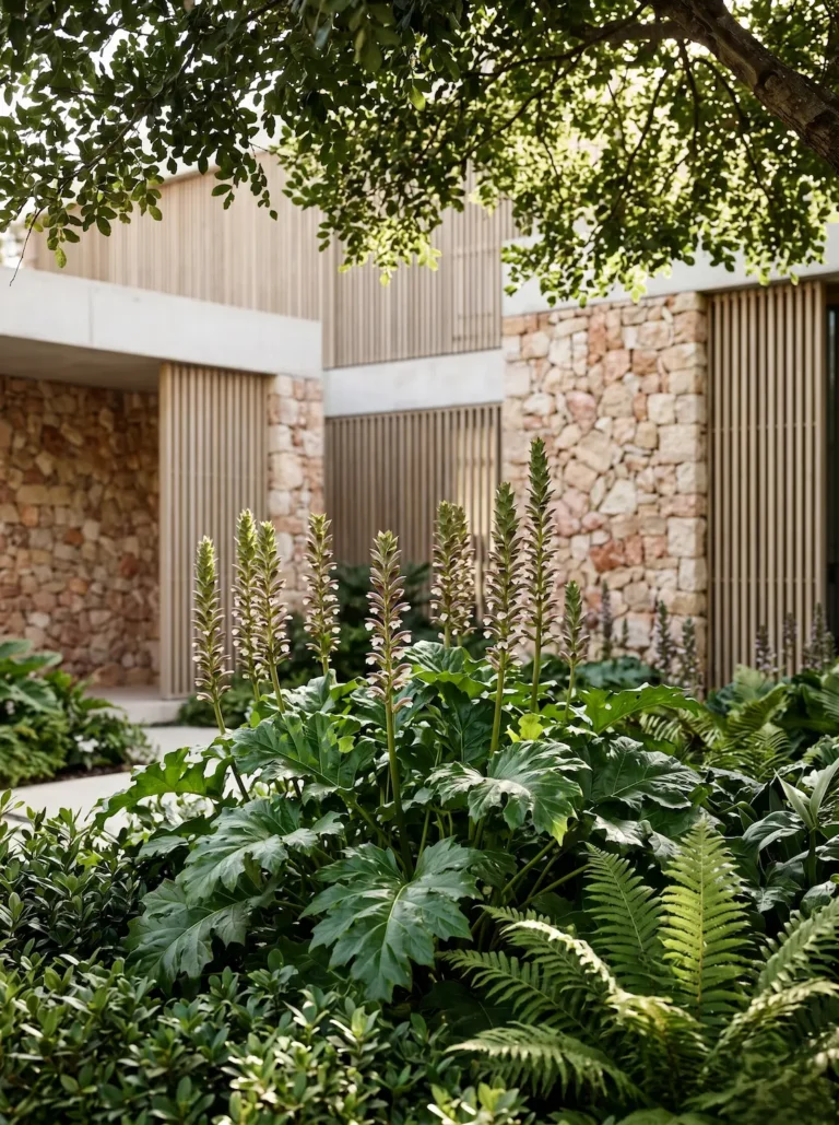 Primer plano de una composición botánica de sotobosque con las grandes hojas brillantes y espigas florales del acanto Acanthus mollis bajo la sombra tamizada de árboles maduros