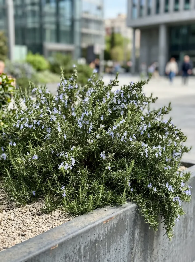 Detalle en plano medio del follaje denso y natural del Romero (Salvia rosmarinus) brotando vigorosamente en un parterre urbano de grava, sin podas artificiales.