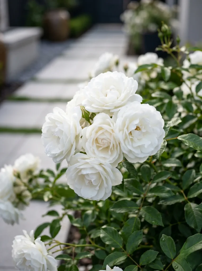 Detalle botánico en plano medio de rosales floribunda de pétalos blancos inmaculados, con un suave desenfoque de fondo (bokeh) que insinúa un pavimento contemporáneo de piedra.