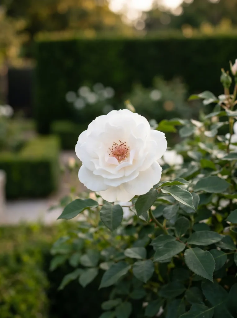 Detalle botánico en plano medio de rosales floribunda de pétalos blancos inmaculados, con un suave desenfoque de fondo (bokeh) que insinúa un pavimento contemporáneo de piedra.