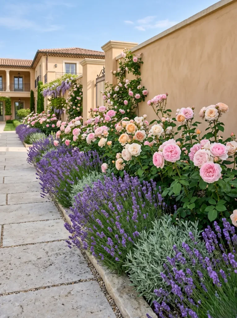 Parterre mixto de excelencia botánica combinando rosales clásicos con plantación densa de lavanda púrpura junto a una terraza de losas