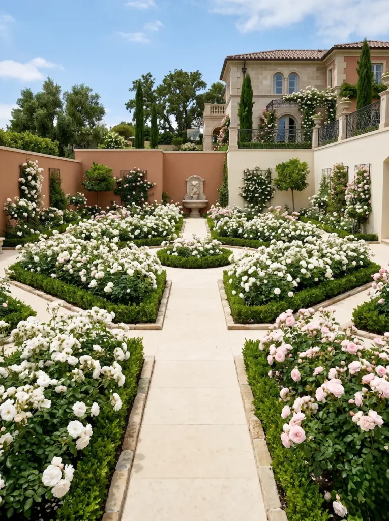 Diseño formal de una rosaleda con macizos continuos de rosales arbustivos blancos junto a senderos de piedra caliza natural