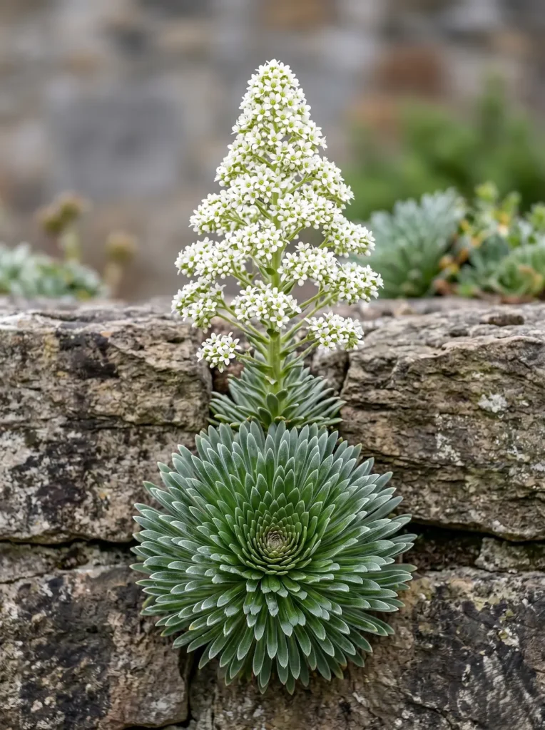 Roseta perfecta de la Saxífraga, una joya botánica para muros de diseño cuidado.