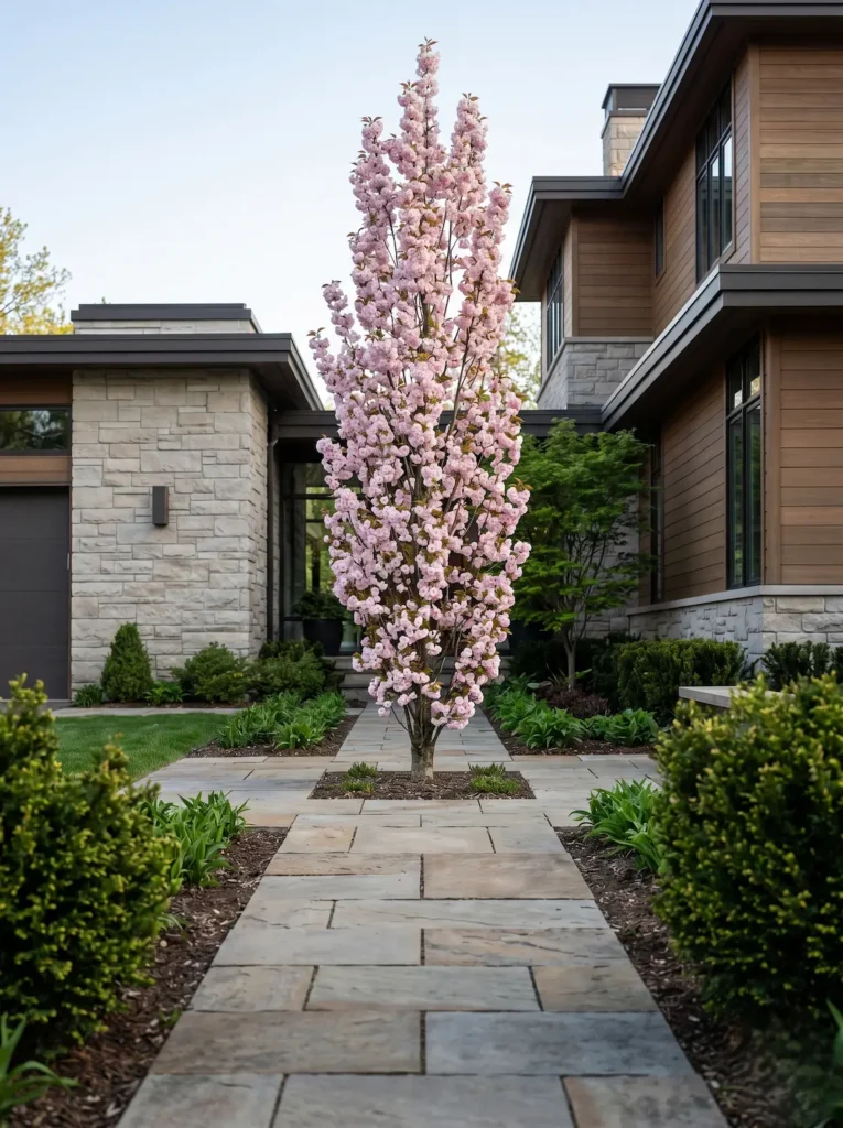 Ejemplar esbelto de Cerezo japonés columnar (Prunus serrulata 'Amanogawa') en floración, un nexo vegetal de excelencia para espacios estrechos.