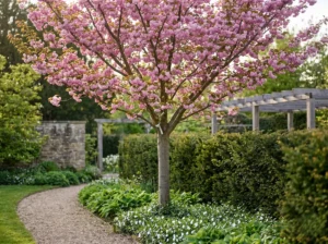 Ejemplar de Prunus serrulata 'Kanzan' de 4 metros de altura, con cruz a 1,70m, mostrando su integración paisajística bajo un estándar profesional.