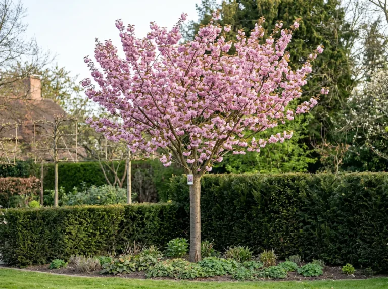 Ejemplar de Prunus serrulata 'Kanzan' de 4 metros de altura, con cruz a 1,70m, mostrando su integración paisajística bajo un estándar profesional.