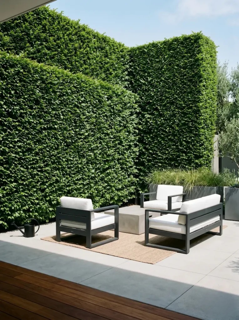 Muro verde geométrico de Carpinus betulus 'Fastigiata', una arquitectura vegetal de excelencia para la delimitación espacial.
