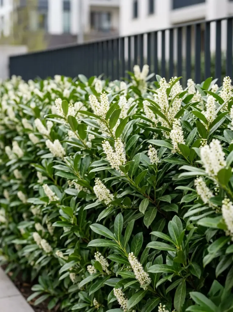 Plano medio de una exuberante floración blanca de Laurel cerezo (Prunus laurocerasus) actuando como nexo vegetal frente a un muro oscuro desenfocado.