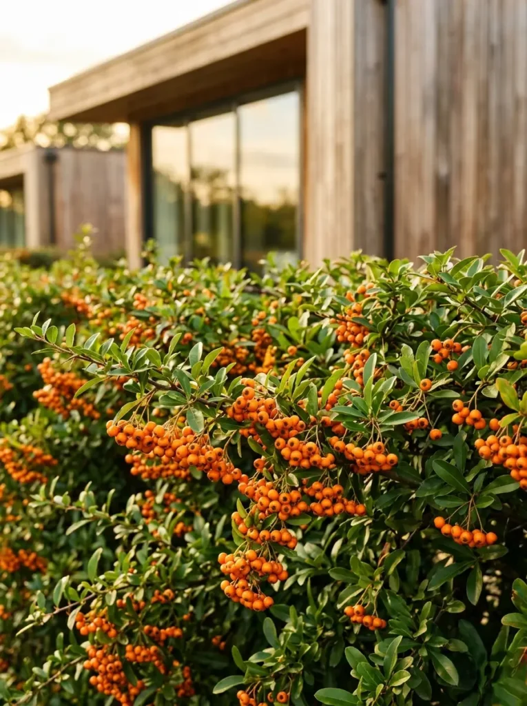 Plano medio de una cabaña contemporánea protegida por un seto biodiverso y defensivo de Piracanta (Pyracantha coccinea) repleto de bayas naranjas.