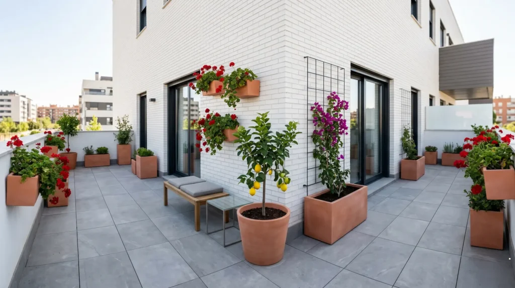 Selección de plantas para patio andaluz, mostrando una integración paisajística de calidad con geranios, jazmines y árboles cítricos.