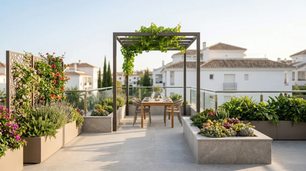 Perspectiva de una terraza española moderna diseñada teniendo en cuenta la luz solar, demostrando cómo planificar las terrazas según su orientación con maceteros ligeros.