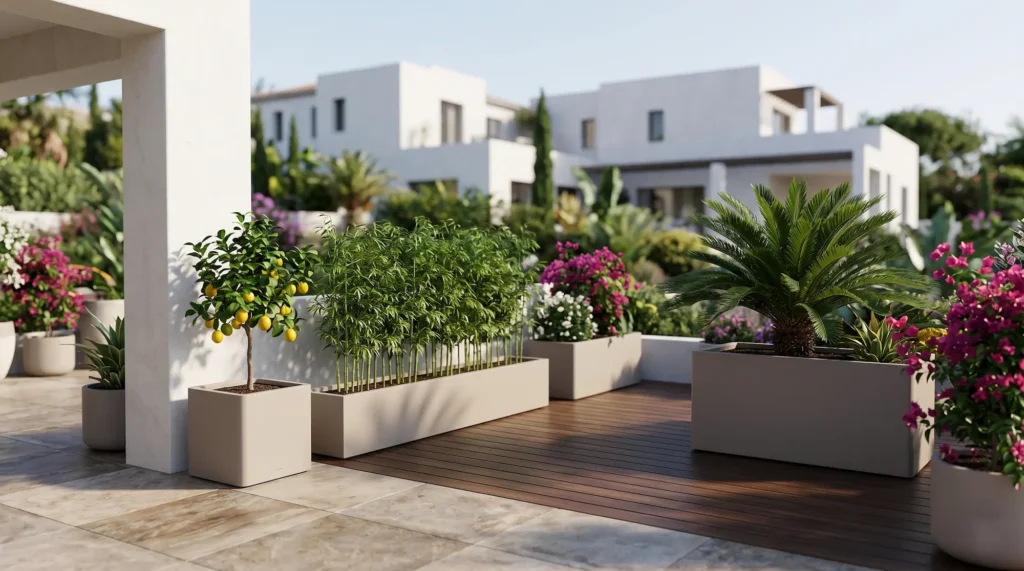 Terraza moderna española con una distribución equilibrada que incluye un pequeño limonero, bambú en jardineras ligeras y flores de temporada.