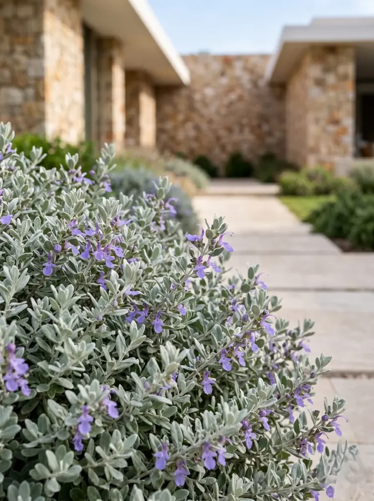 teucrium primerplano jardinesconestiloblog Detalle de flores lila de Teucrium fruticans resaltando sobre su estructura gris aluminio en un jardín moderno