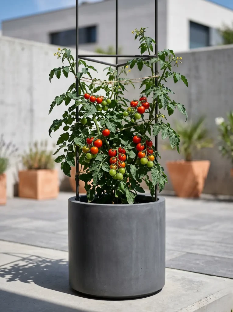 Plano medio de una tomatera cherry con frutos rojos y verdes, guiada sobre un soporte elegante en un balcón residencial de diseño cuidado.