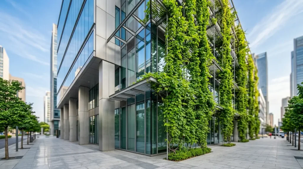 Plano panorámico de un edificio contemporáneo con una fachada de cristal cubierta parcialmente por un denso follaje estival, demostrando una integración paisajística de calidad y diseño cuidado.