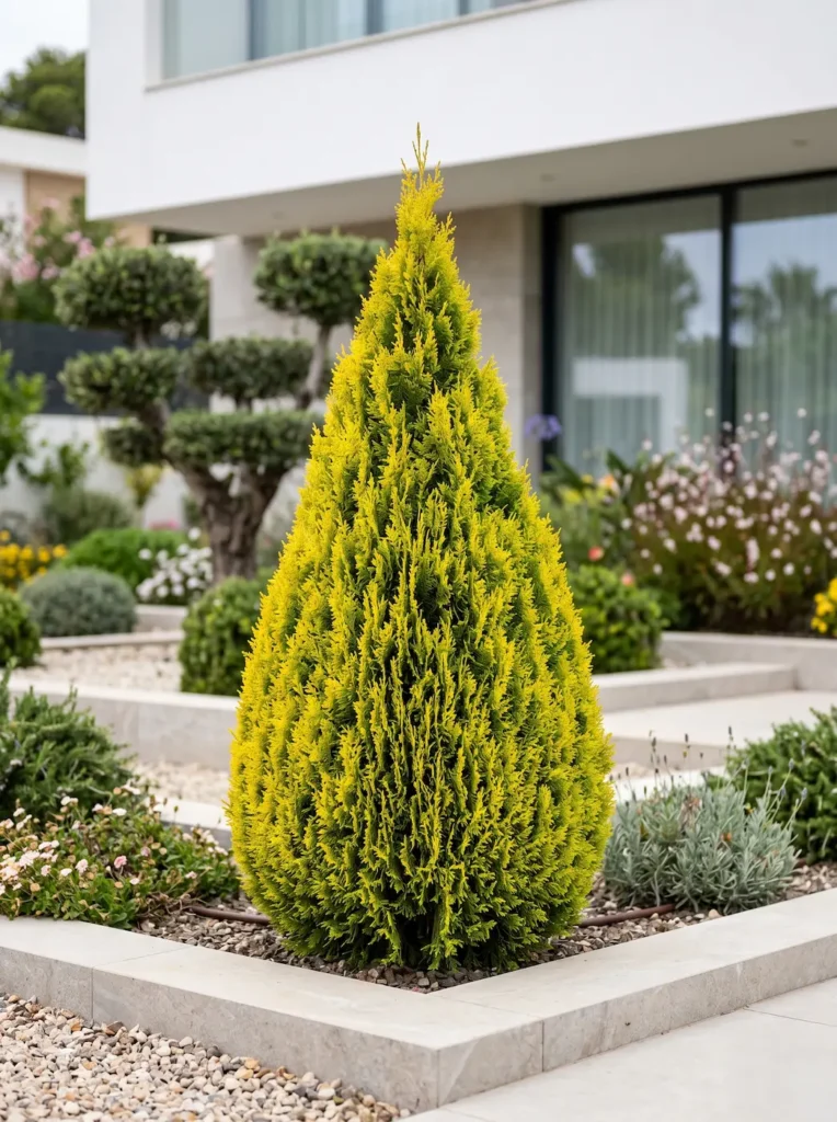 tuya piramidal aurea jardinesconestiloblog Vista completa de Thuja orientalis'Aurea' aportando volumen y color dorado en un jardín de autor.