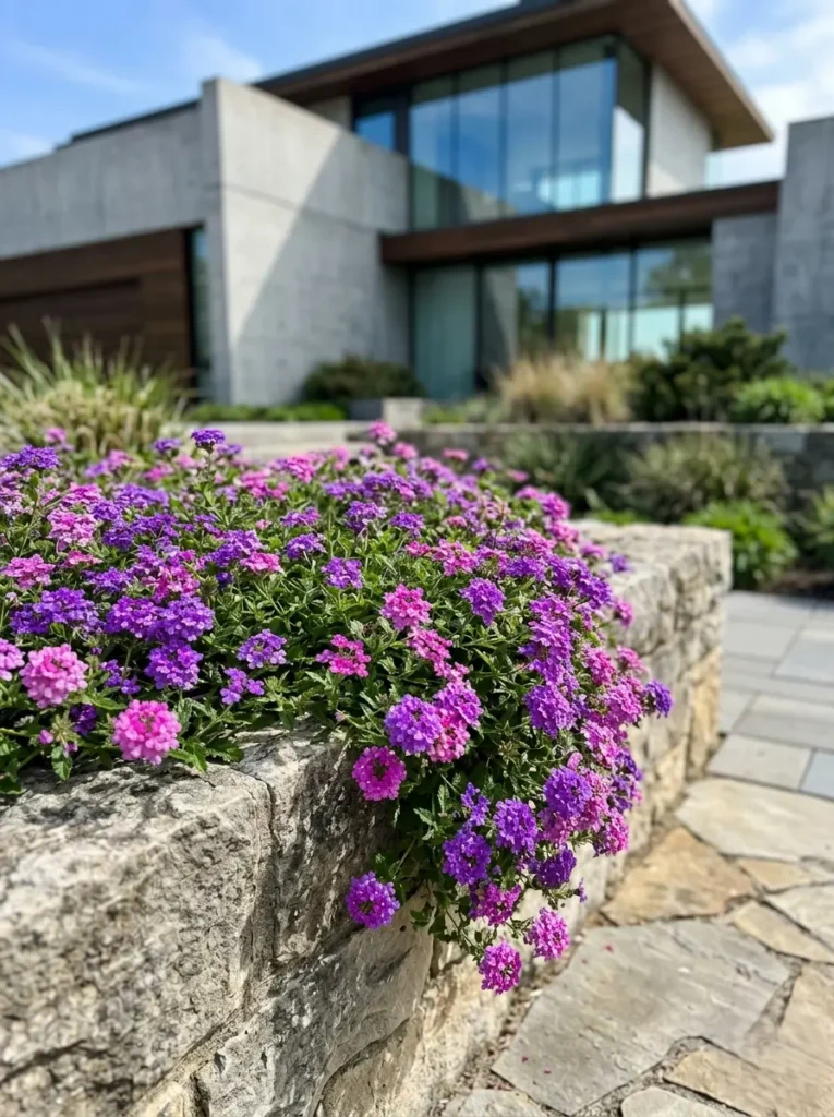 Vista de amapolas en floración aportando verticalidad y dinamismo frente a los muros limpios de un patio residencial de diseño cuidado.