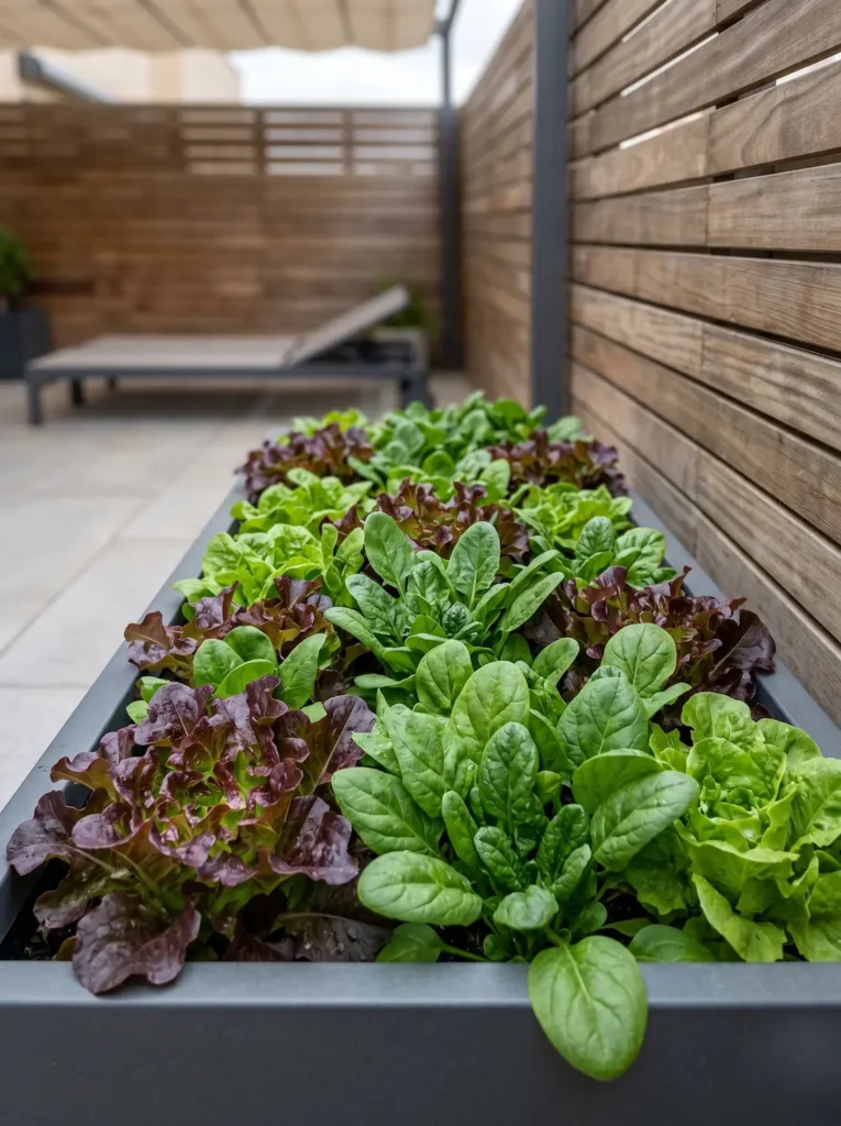 Vista de un mosaico de lechugas de diferentes tonalidades verdes y púrpuras en una maceta rectangular, aportando frescura visual.