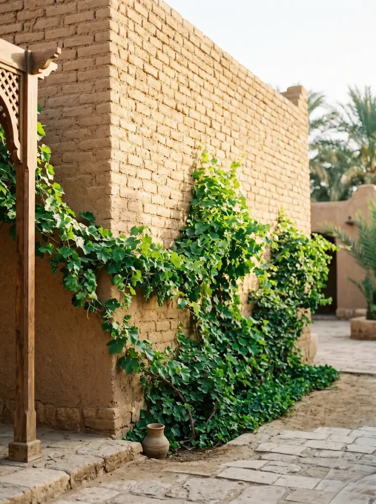 Muro perimetral protector construido en adobe con una elegante pátina histórica, sirviendo como fondo neutro para un nexo vegetal vibrante que subraya el diseño cuidado y la correcta conservación del oasis.