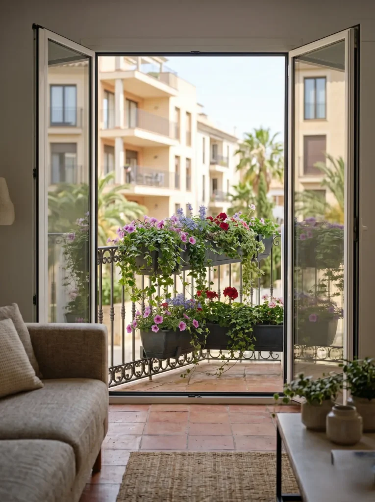 Transición limpia desde el salón hacia un pequeño balcón decorado, mostrando cómo la naturaleza amplía visualmente la vivienda.